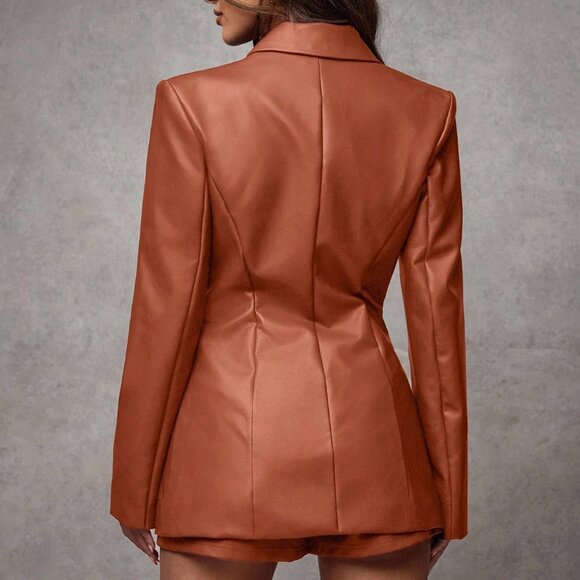 Rust Brown Preppy Women's Elegant Office Waisted Faux Leather Blazer - Picture 2 of 7